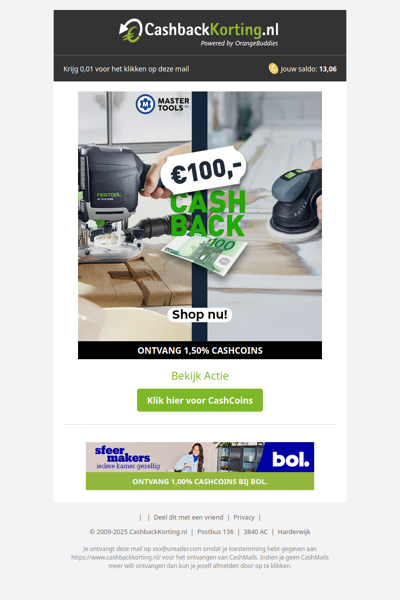 100,- EUR Cashback bij MasterTools!