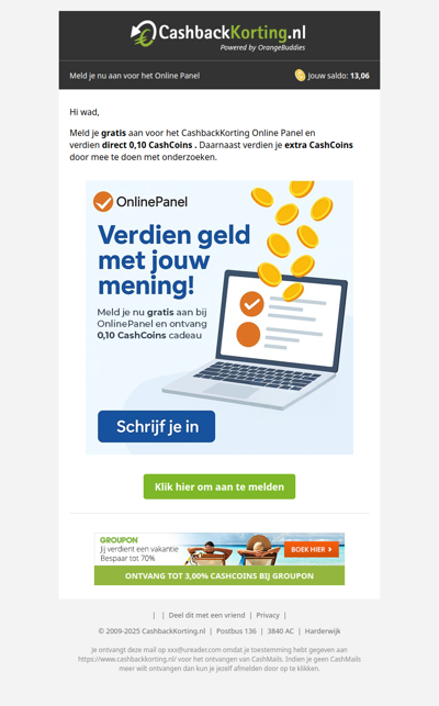 Verdien 0,10 CashCoins voor je aanmelding!