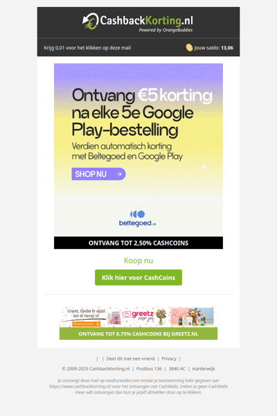 5 EUR korting na elke 5e Google Play bestelling