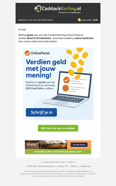 Verdien 0,10 CashCoins voor je aanmelding!