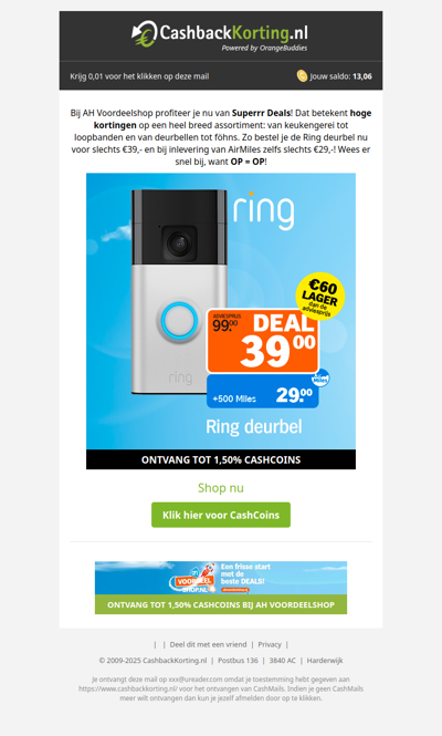 Bespaar 60 EUR op de Ring deurbel bij AH Voordeelshop!