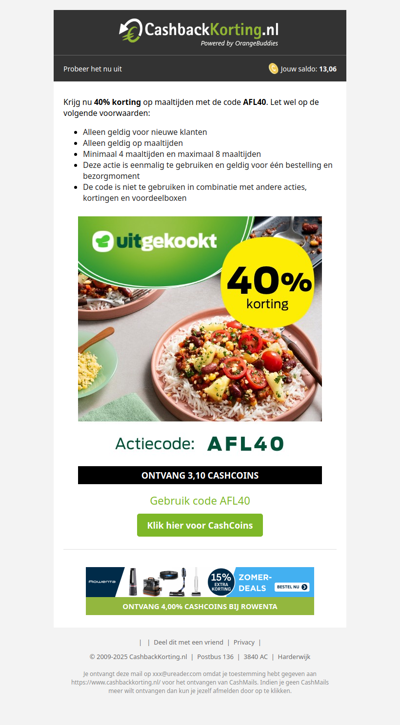 40% korting op maaltijden bij Uitgekookt.nl!