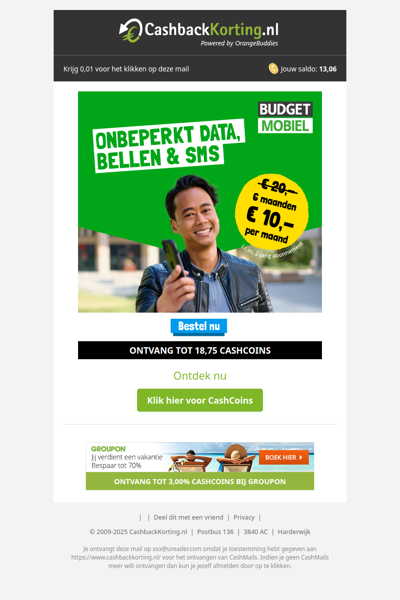 6 maanden 50% korting op onbeperkt data, bellen & sms!