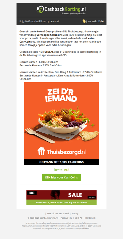 ACTIE! Verhoogde CashCoins bij Thuisbezorgd.nl!