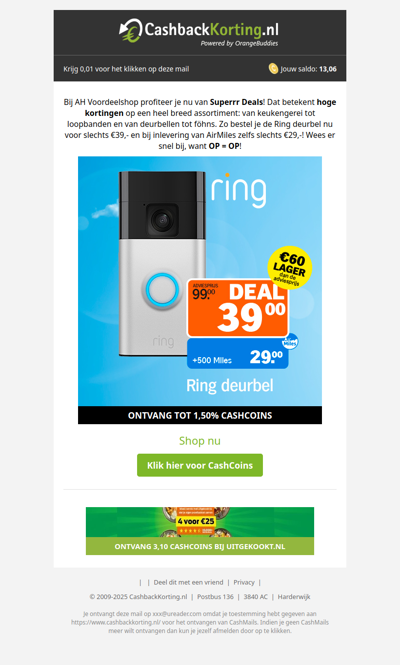 Bespaar 60 EUR op de Ring deurbel bij AH Voordeelshop!