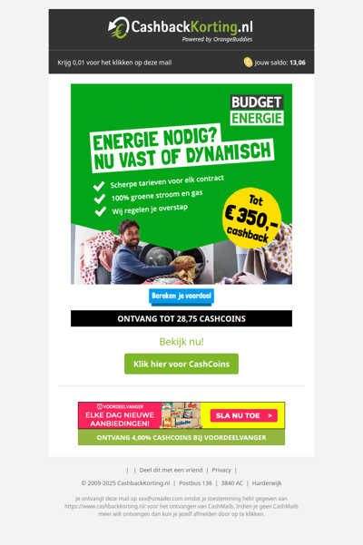 Tot 350 EUR cashback bij Budget Energie!