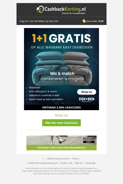 1+1 gratis op alle wasbare dekbedden