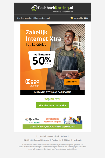 Tot 12 maanden 50% korting bij Ziggo Zakelijk!