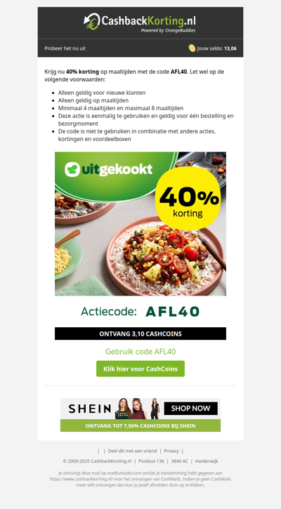 40% korting op maaltijden bij Uitgekookt.nl!