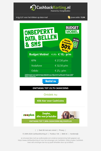 6 maanden 50% korting op onbeperkt data, bellen & sms!