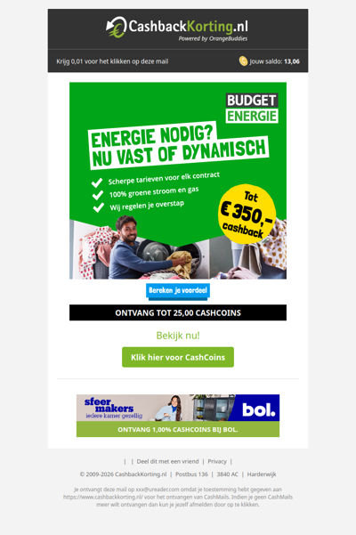 Tot 350 EUR cashback bij Budget Energie!