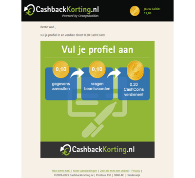 Vul je profiel in en verdien 0,20 Cashcoins