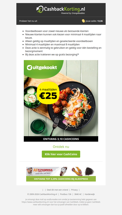 4 maaltijden voor 25 EUR bij Uitgekookt.nl!