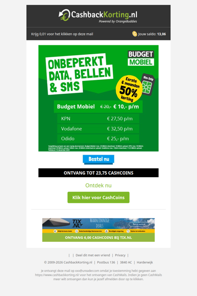 6 maanden 50% korting op onbeperkt data, bellen & sms!