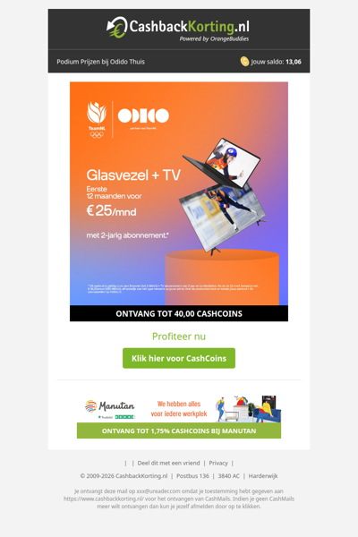 Glasvezel en TV de eerste 12 maanden 25 EUR p/mndv