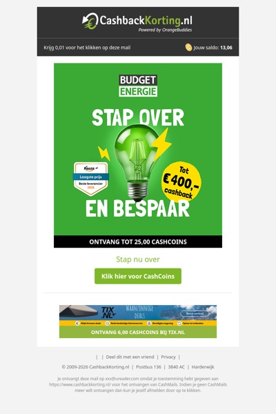 Besparen deze winter? Tot 400 EUR cashback bij Budget Energie!