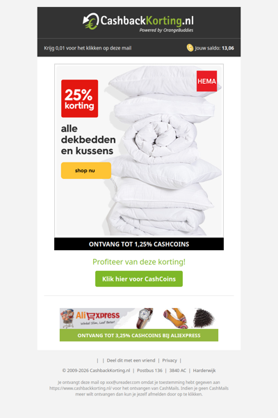 25% korting op alle dekbedden en kussens bij HEMA