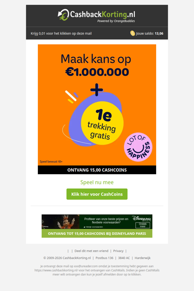 Maak kans op 1.000.000 EUR + 1e trekking gratis!