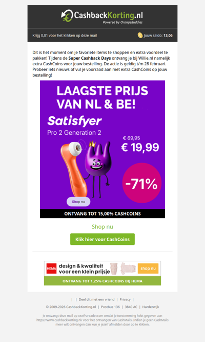 71% korting + extra CashCoins bij Willie.nl!