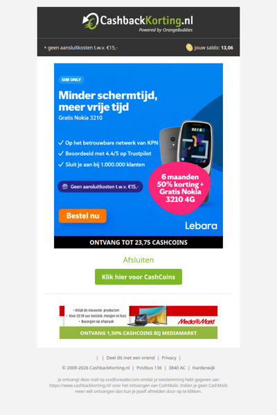 6 maanden 50% korting + gratis Nokia 3210 4G