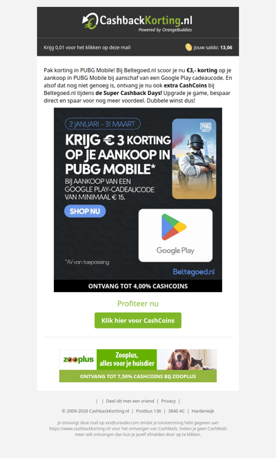 Krijg 3 EUR korting + extra CashCoins bij Beltegoed.nl