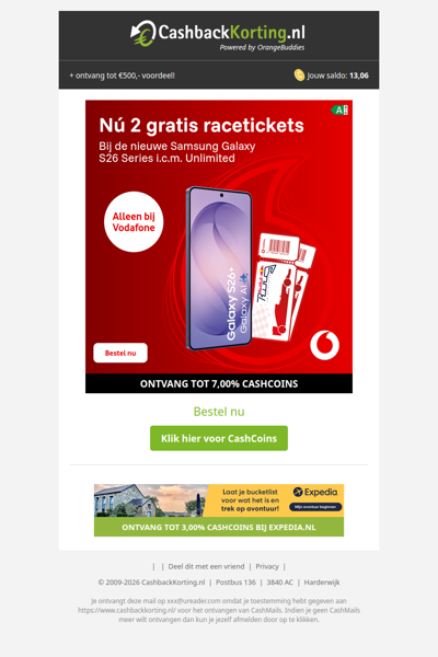 Nieuwe Galaxy S26 series met 2 gratis racetickets bij Vodafone