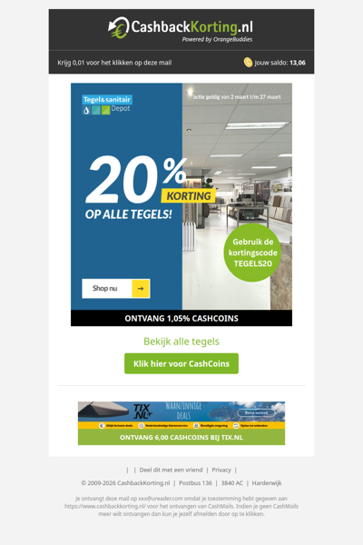 20% korting op alle tegels bij Tegeldepot!