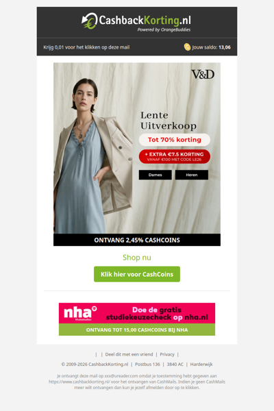 Lente Uitverkoop: tot 70% korting + 7,50 EUR extra!