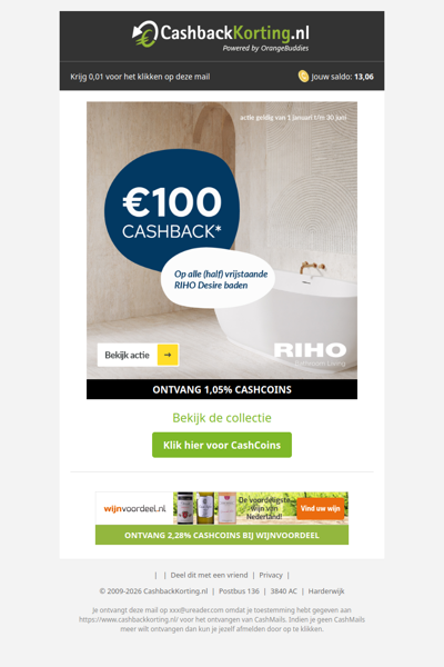 100 EUR cashback op RIHO Desire baden bij Tegeldepot