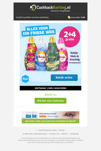 2+4 gratis op Robijn wasmiddel bij Plein