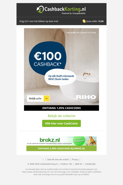 100 EUR cashback op RIHO Desire baden bij Tegeldepot