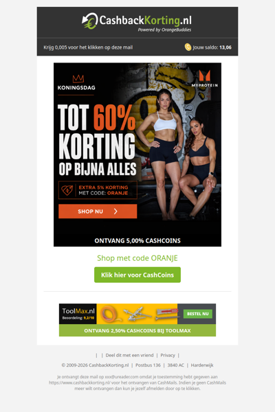 Koningsdag: tot 60% korting + 5% EXTRA bij Myprotein
