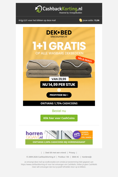 1+1 gratis op alle wasbare dekbedden!