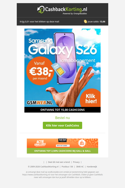 Samsung Galaxy S26 + abonnement vanaf 38 EUR p.m.