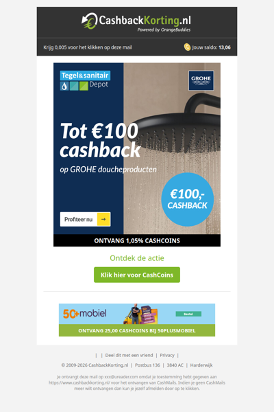 Tot 100 EUR cashback op GROHE doucheproducten bij Tegeldepot