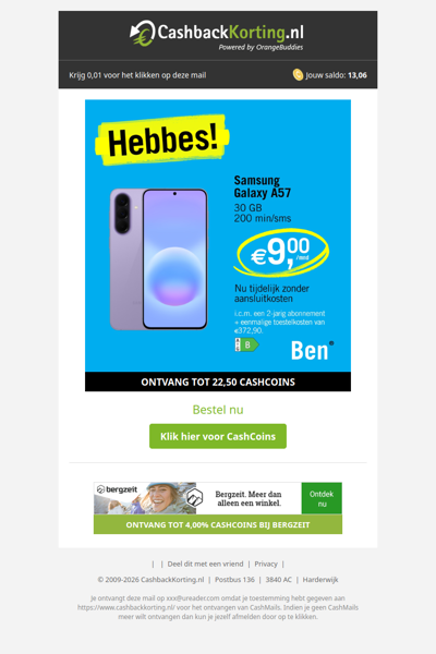 Hebbes bij BEN: Samsung Galaxy A57 slechts 9 EUR p/m!
