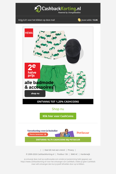 2e halve prijs op alle badmode en -accessoires