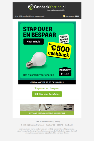 Tot 500 EUR cashback op groene stroom!