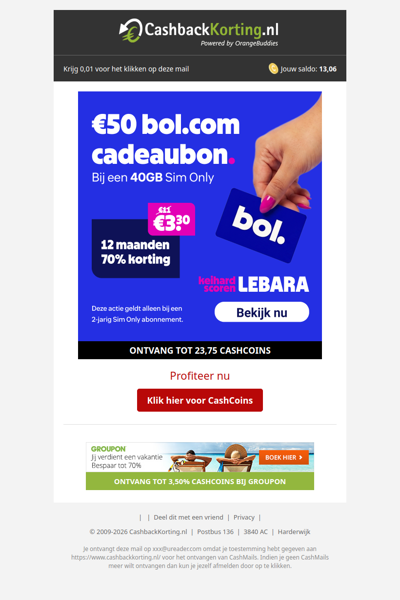 50 EUR bol. cadeaubon + 70% korting bij Lebara
