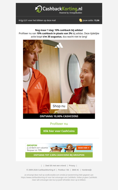 Verhoogde CashCoins bij jouw Adidas bestelling!