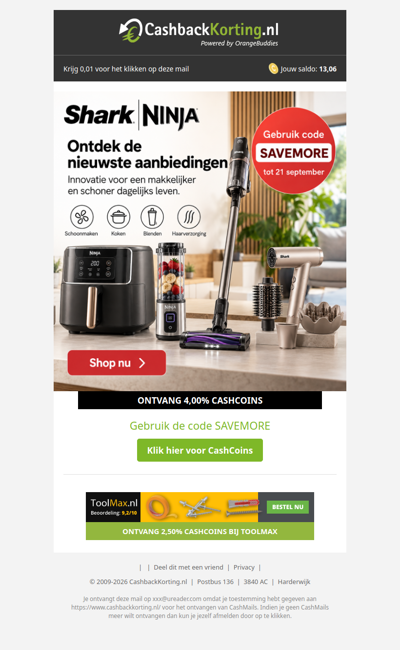 Tot 125 EUR korting bij SharkNinja
