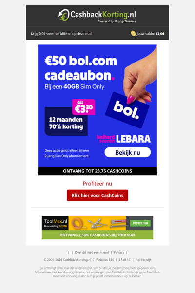 50 EUR bol. cadeaubon + 70% korting bij Lebara