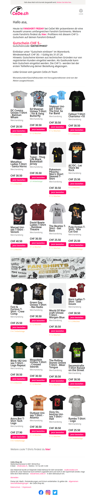 Fanshirt Friday bei CeDe! CHF 5.- Gutschein!