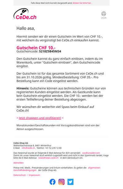 CHF 10.- Gutschein!