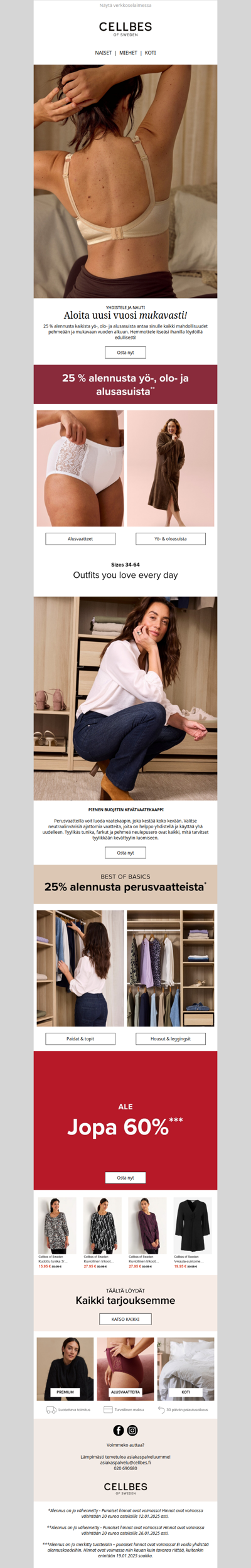 25% alennusta yö-, olo- ja alusasuista