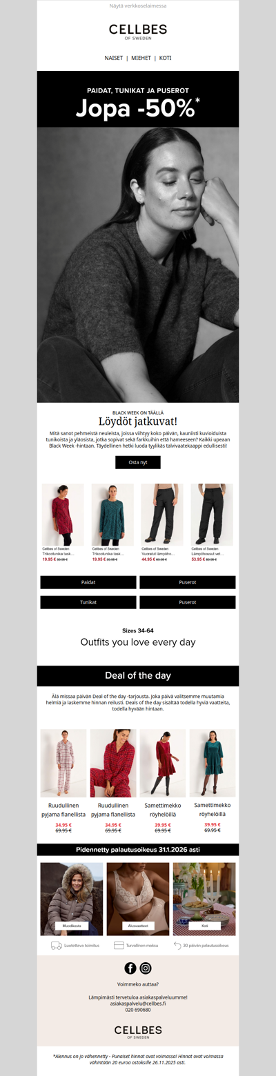 Black Week: Jopa 50 % yläosista, tunikoista ja neuleista