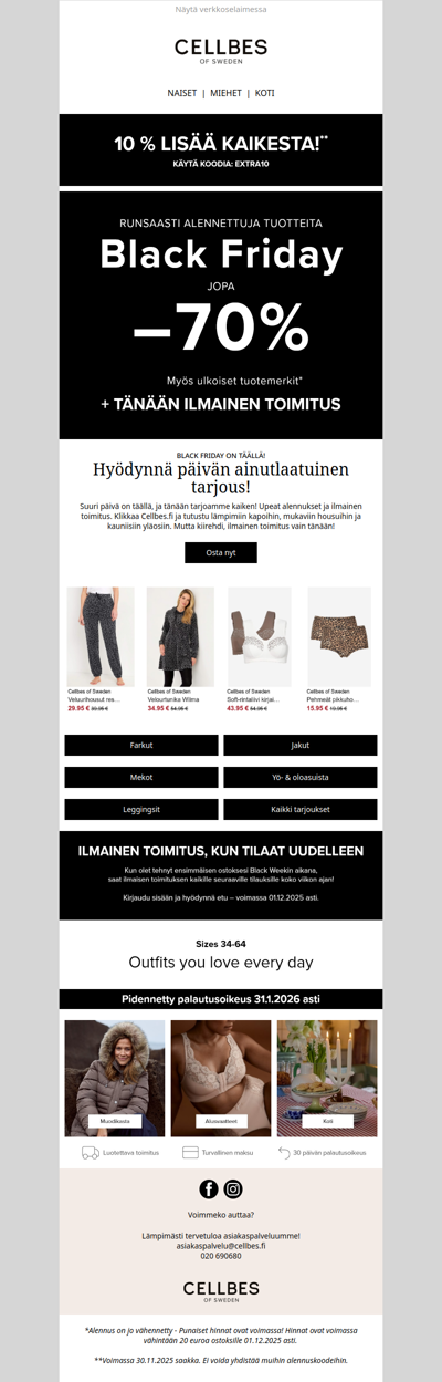 Black Friday: Jopa 70 % + Ilmainen toimitus + 10 % lisää kaikesta!