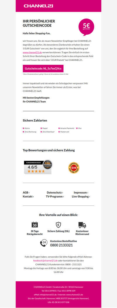Ihr persönlicher Gutschein von CHANNEL21