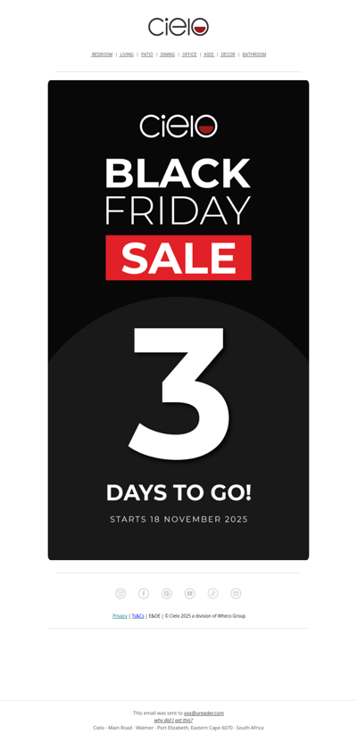 3 days to go - up to 70% off | Cielo Black Friday Sale
