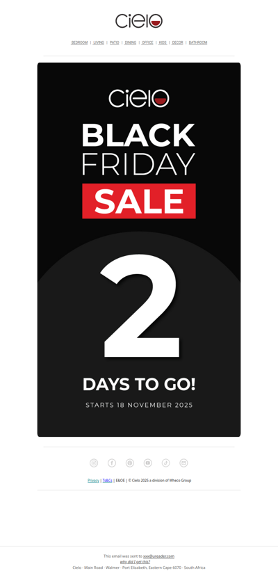 2 days to go - up to 70% off | Cielo Black Friday Sale